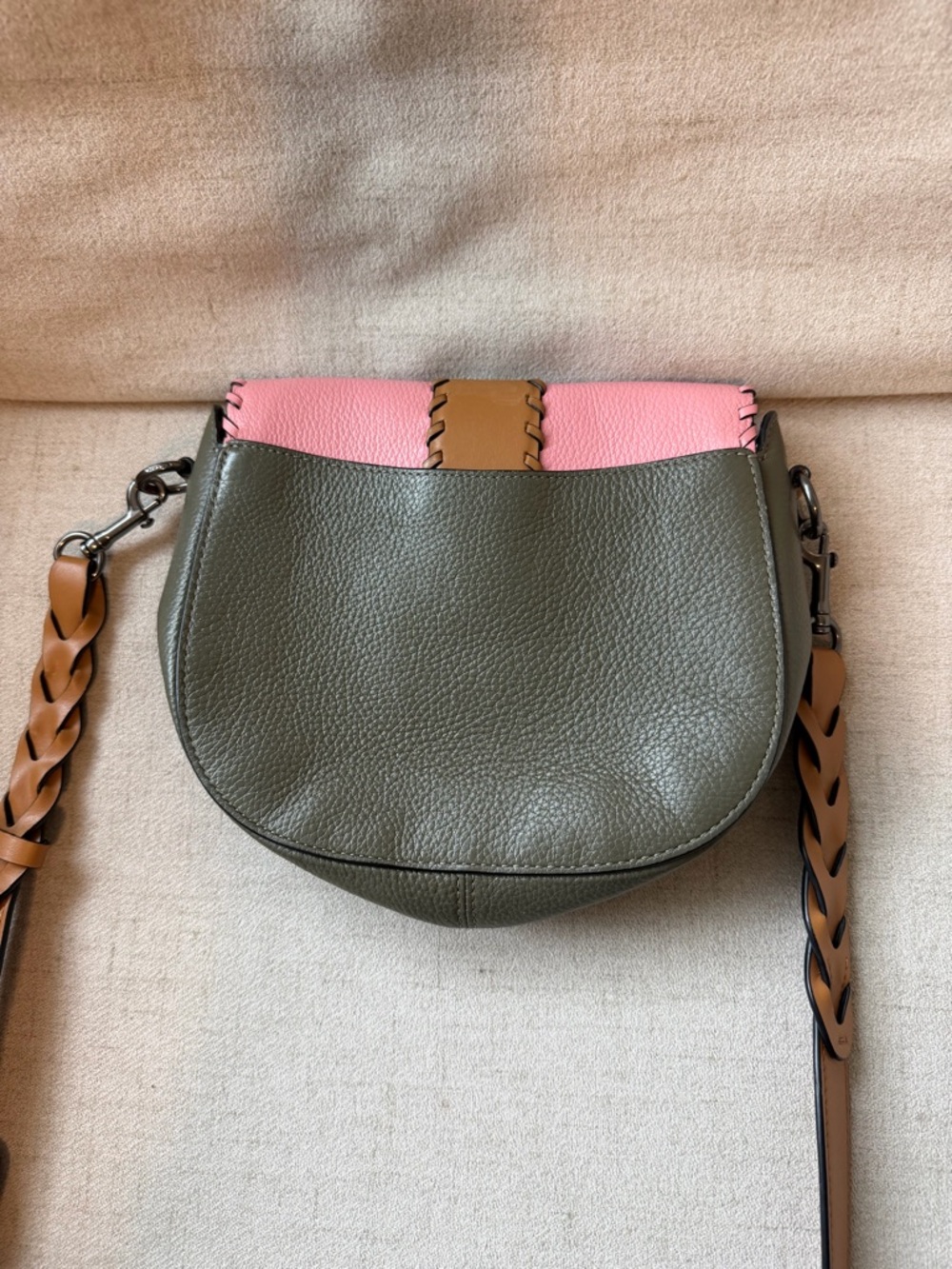 Coach Pink, Olive & Tan Leather Crossbody Saddle Bag - Picture 11 of 12
